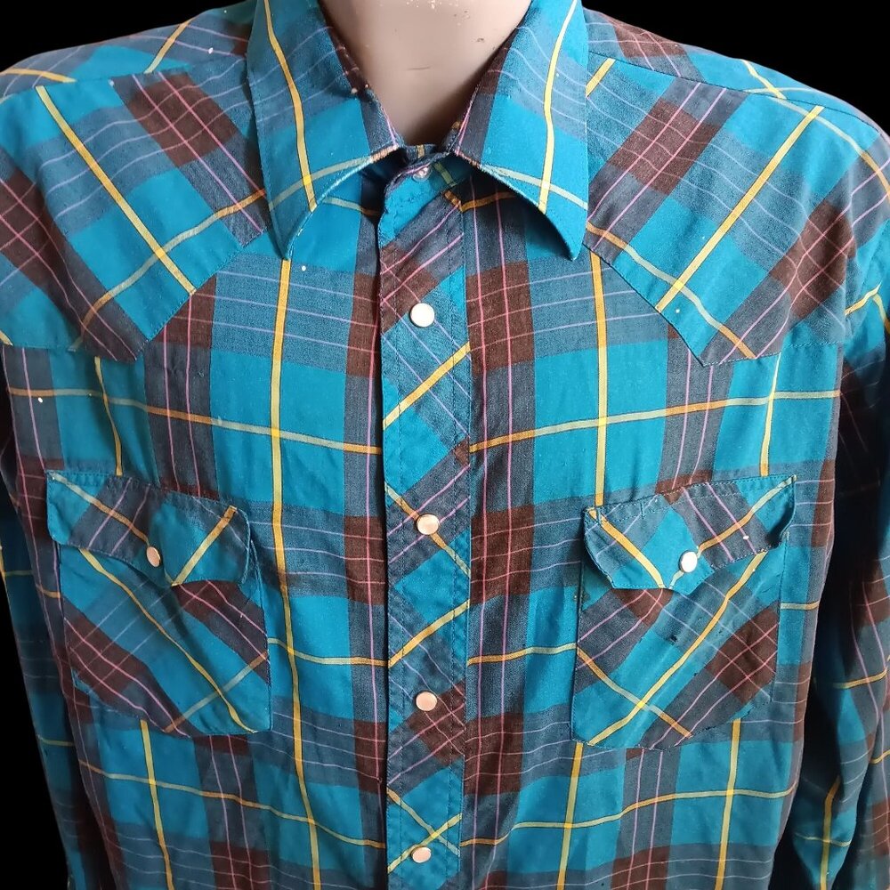 Vintage Mens Western Shirt XL Trashed Wrangler Plaid Snap 17.5x36 Long Tail 90s